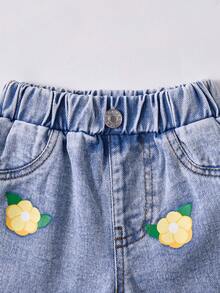 SHEIN Playful Pals 女婴时尚水洗碎花阔腿牛仔裤 - 藍色 - 查看 3