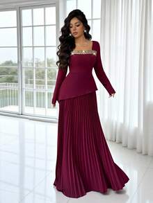 Rafferiza Váy cổ vuông dành cho nữ với dây đai vàng, eo bó, viền không đều và viền xếp ly lớn, xung quanh là váy màu đỏ rượu hoặc đỏ tía, váy dự tiệc cho trang phục buổi tối và trang phục ngoài trời, thời trang và thanh lịch, phù hợp để mặc hàng ngày, đám cưới, tiệc chiêu đãi, đi làm hàng ngày, tiệc tốt nghiệp, sự kiện lễ hội, kỳ nghỉ, hẹn hò, tiệc tùng, Halloween, Giáng sinh, năm mới và lễ tạ ơn - Màu Đỏ Sâu - Xem 6