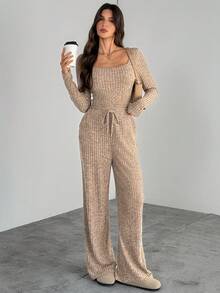 SHEIN Tall 罗纹连体衣和裤子两件套，舒适居家运动套装，休闲运动服，长袖连体衣搭配阔腿裤，秋冬必备基础款，宽松长裤，长袖，冬季服装 - 棕色 - 查看 4