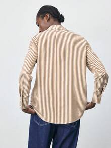 Maija Chemise décontractée à manches longues rayées, à simple boutonnage métallique pour femmes. Tenue de bureau décontractée urbaine pour femmes. Tenue de bureau élégante pour femmes. Convient pour Noël, le Nouvel An, les invités de mariage, les vêtements de base. - Noir - Voir 4