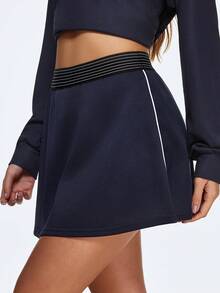 Eassivo Eassivo Women's Navy Blue Athletic Skirt,High Waist Tennis Skirt With Contrast Stripe Waistband, Casual Preppy Style, Stretchy A-Line Sportswear, Lightweight Breathable Golf Skirt,Sport Skort,Navy Tennis Skirt - Navy Blue - View 5