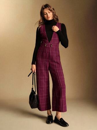 Écloséra Mono elegante de pana rojo vino con cuello en V sin mangas y ajustado a la cintura para mujer