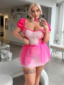 Fantasy Costume 三件套：可爱网纱拼接薄纱蕾丝边泡泡袖睡裙，大码内衣套装 - 玫紅色 - 查看 5