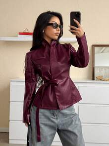 SHEIN EZwear 女士纯色扭结前襟休闲时尚长袖常规外套，秋冬季款 - 酒紅色 - 查看 5