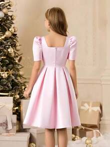 Đầm xòe đính hạt cổ vuông tay ngắn tay cánh hoa eo cho bé gái - Hồng - Xem 2