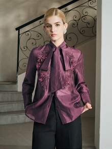 Anewsta Vacation Style Sexy Sheer Applique Decor Tie-Up Bow Blouse For Women - Purple - View 6