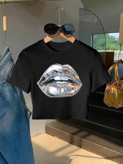 Silver Big Lip Print Casual Fitted Cropped Round Neck T-Shirt