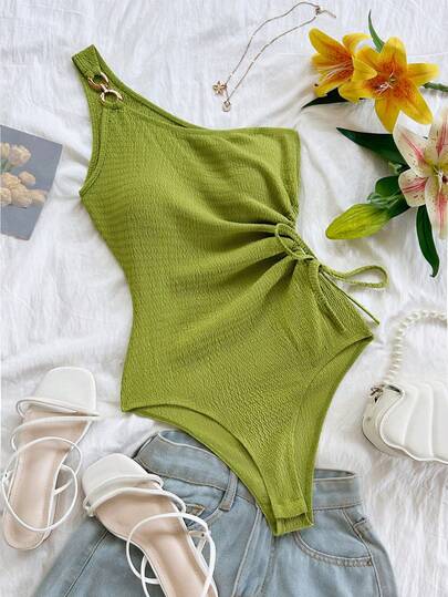 Soleia Beach Fashion Women's Fashionable Sexy One-Shoulder Ruched Tie-Up Bodysuit