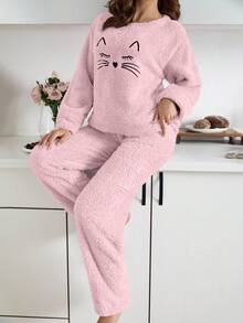 EURMUSE 2Pcs Plush Cute Cat Face Embroidery Detail PJ Set - Baby Pink - View 6
