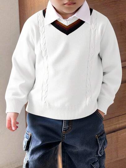 SHEIN Little Byeori 这款儿童男童休闲学院风V领长袖针织套头衫，可爱、时尚又百搭，适合上下学通勤穿着。日常休闲学院风条纹高领长袖针织套头衫，舒适百搭。