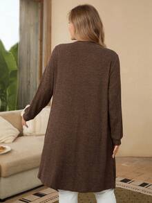 EMERY ROSE Áo khoác cardigan dài tay màu trơn cỡ lớn có túi hở phía trước thường ngày - màu nâu - Xem 2