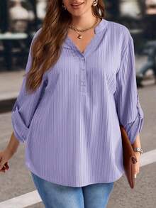 EMERY ROSE Plus Size Solid Color Notched Neck Roll Up Sleeve Casual Blouse ,Winter Clothes V Neck Blouses For Women Purple Blouse Women - Mauve Purple - View 4