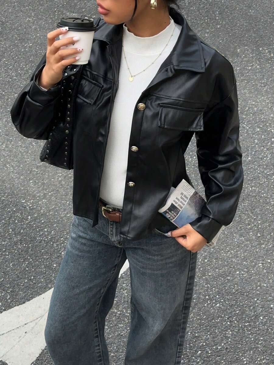 SHEIN Essnce 女士休闲纯色时尚前扣落肩宽松夹克，秋季 - 黑色 - 查看 1