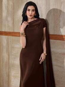 Modelyn 女士优雅派对礼服，饰有飘逸的丝带 - 棕色 - 查看 6