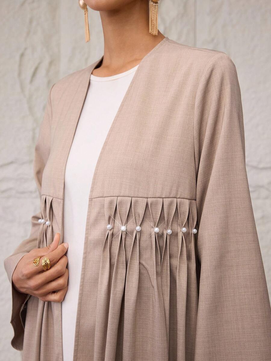 Al Najma Women's Elegant Pearl Pleated Open Front Abaya - Khaki - View 1