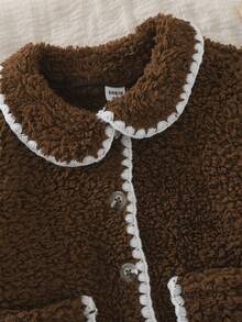 Playful Pals 年轻女孩领毛绒撞色镶边前开长袖毛绒夹克，适合外出或舒适居家的日常休闲装，冬季百搭