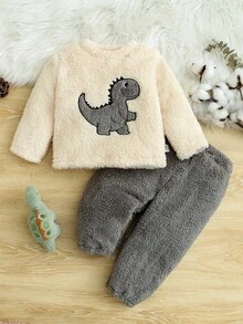 2件套男婴秋冬季加厚毛绒可爱恐龙刺绣军绿色睡衣套装，休闲简约长袖上衣和裤子家居服睡衣套装