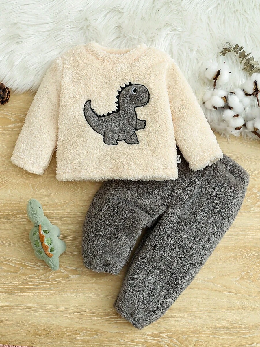 2件套男婴秋冬季加厚毛绒可爱恐龙刺绣军绿色睡衣套装，休闲简约长袖上衣和裤子家居服睡衣套装