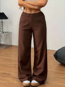 EURMUSE Women's Brown Drawstring Side Striped Casual Wide Leg Pants - Brown - View 4