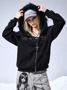 ROMWE EDITION Kpop Punk Style Oversized Blade Chain Print Zipper Sweatshirt For Women - Black - View 8