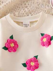 SHEIN Playful Pals Baby Girls Casual Cute Sweatshirt Set, 3D Crochet Floral Print Pullover Top And Knit Leggings, Autumn Fall Winter