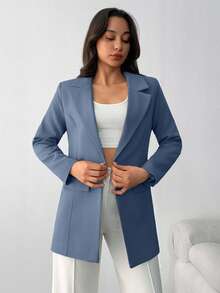 EURMUSE LAPEL COLLAR BODY POCKET FABRIC BUTTON BLAZER - Blue - View 7