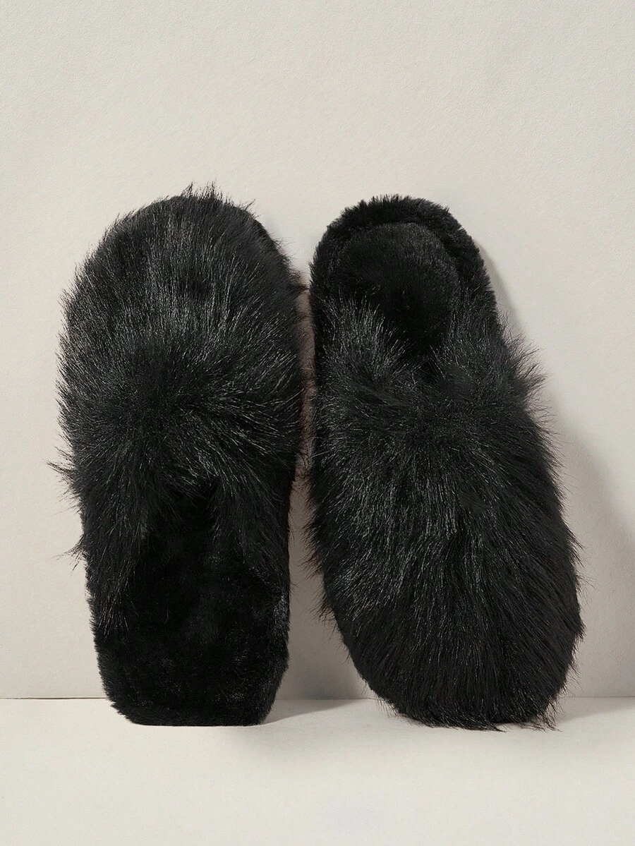 Cuccoo Casual Comfortable Solid Color Plush Slippers, Women Flats For Christmas - Black - View 1