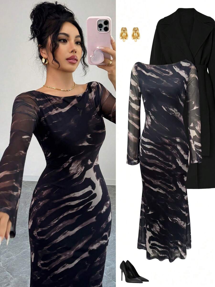 Modelyn Animal Print Leopard Pattern Boat Neck Cinched Waist Long Sleeve Mesh Dress, Autumn - Multicolor - View 1