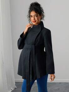 Momance Maternity Regular Jacket, Long Sleeve Stand Collar, Hidden Button, Tie Waist - Dark Grey - View 6