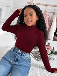SHEIN Top de punto de cuello redondo de manga larga ajustada de unicolor informal para niñas preadolescentes - Burdeos - Ver 5