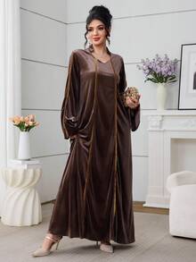 Al Najma Vestido elegante de fiesta para mujer con decoración de cinta al estilo árabe - Marrón - Ver 6
