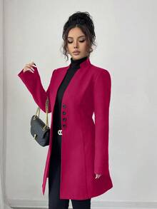 SHEIN Tall 女款休閒立領羊毛混紡修身長版外套 粉色西裝外套女裝西裝裙 高個女性適用 - 紅色 - 查看 4