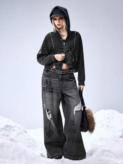 Grunge Punk Y2K Streetwear Punk Graffiti Eye & Star Hand Print Oversized Wide Leg Jeans For Women