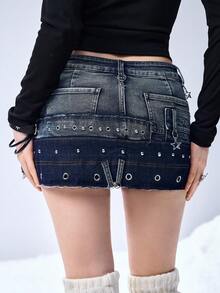 ROMWE EDITION Punk Metal Grommet Design Low Waist Mini Denim Skirt