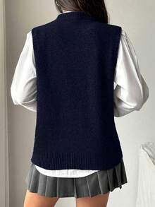 EMERY ROSE 女士纯色圆领休闲宽松针织背心，秋冬 - 藍色 - 查看 2