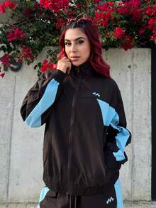 Bearsaez Oversized Collared Nylon Track Jacket Contrast Panel Full Zip Through Top Only Spring The Book Shop Oversized Airport Sporty Festival Fall Streetwear Autumn, Winter, Back To School Lounge Christmas Everyday Christmas - Brown - View 1