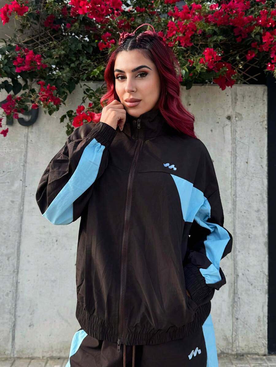 Bearsaez Oversized Collared Nylon Track Jacket Contrast Panel Full Zip Through Top Only Spring The Book Shop Oversized Airport Sporty Festival Fall Streetwear Autumn, Winter, Back To School Lounge Christmas Everyday Christmas - Brown - View 1