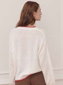 lacRébo Cosy Oversized Jumper With Red Bow Front Detail Cute Spring Summer  New Year White Sweater - Red and White - View 2