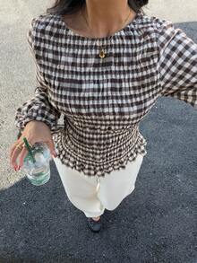 Siren Gaze 秋季/夏季/冬季/返校季/女士演唱会/外出/生日/服装/休闲/千禧年/2000年代/90年代/西部牛仔女装/波西米亚风/乡村风/俱乐部/办公室/鸡尾酒会/复古/紧身/锐舞音乐节/趣味/优雅/老钱风/街头风/度假/乡村音乐会/工作/端庄/国庆新年派对/基础款/毕业/新年/女士圆领落肩长袖上衣 - 棕色 - 查看 6