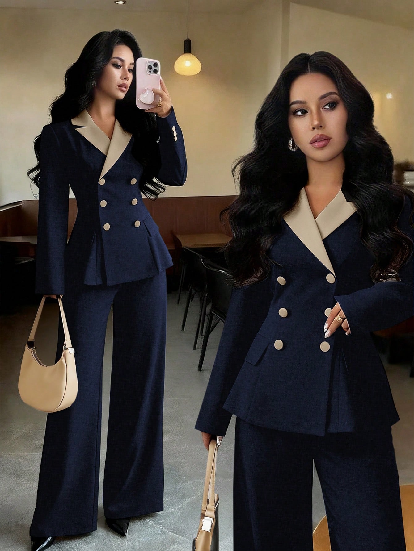 Elenzga بدلة نسائية أنيقة طويلة الأكمام بتباين لون...