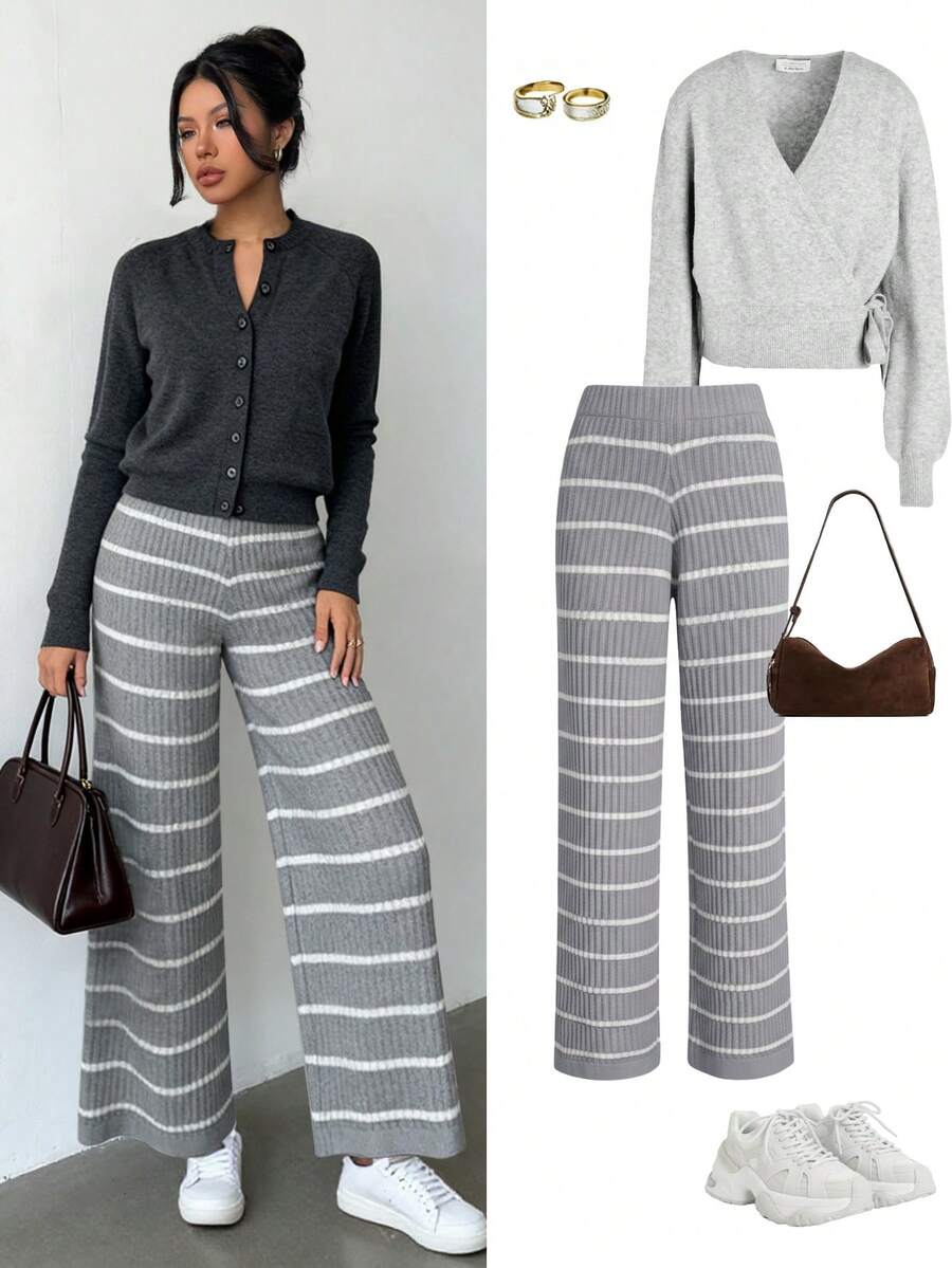 Chiquease Casual Ribbed Pattern Ribbed Waistband Knit Pants - Grey - View 1