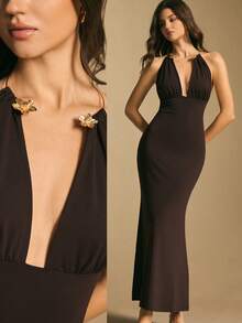 Poéselle 女士优雅性感金属装饰露背吊带连衣裙 - 棕色 - 查看 2