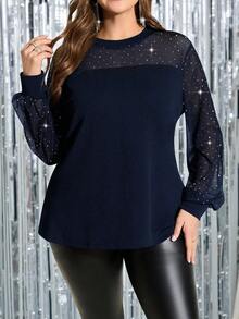 SHEIN Clasi Damen Große Größen Bluse mit Strass-Mesh-Einsätzen, elegante Langarmbluse - Königsblau - Übersicht 6