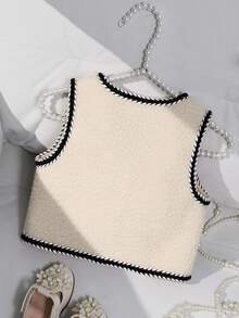 女婴优雅精致甜美蝴蝶结装饰珍珠纽扣舒适毛绒背心 - 杏色 - 查看 2