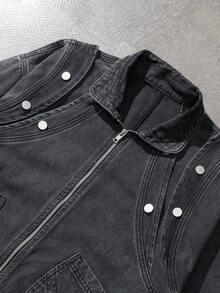 ROMWE MEN Street Life Áo khoác denim cổ điển, có khóa kéo, thường ngày cho nam, mùa thu - Xám - Xem 7