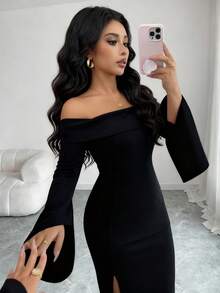Elenzga Slit Off-Shoulder Long Sleeve Fitted Elegant Party Dress For Women, Autumn/Winter - Black - View 3