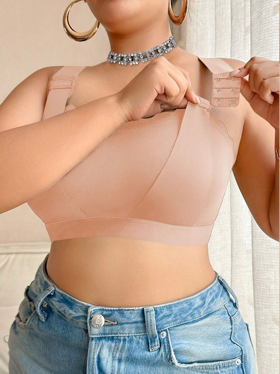 NudeFit 1件大码女士纯色休闲纽扣前开式无钢圈文胸 - 杏色 - 查看 1
