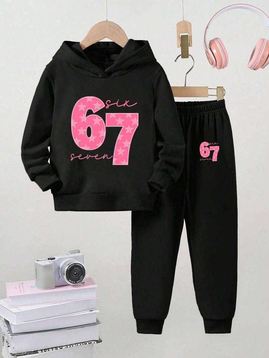 1 Set Young Girls Casual Minimalist Hoodie Sweatshirt + Sweatpants Set, With "67" Number And "Seven, Six" Letter Graphic Print, Suitable For Autumn/Winter - Black - View 1