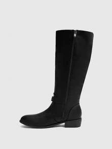 Daringsoles Women's Buckle Design Fashion Everyday Pleated Chunky Heel Knee-High Boots - Black - View 11