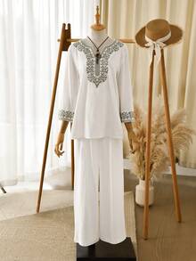 Rusticease Women's Floral Embroidery V-Neck Long Sleeve Shirt And Wide Leg Pants Casual 2-Piece Set Winter Two Piece Linen Set Blouse And Pants Set  Elegant Women's Sets - White - View 5